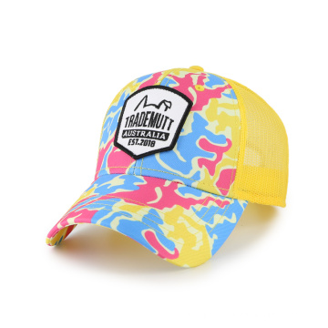 Colorful print trucker cap with woven label